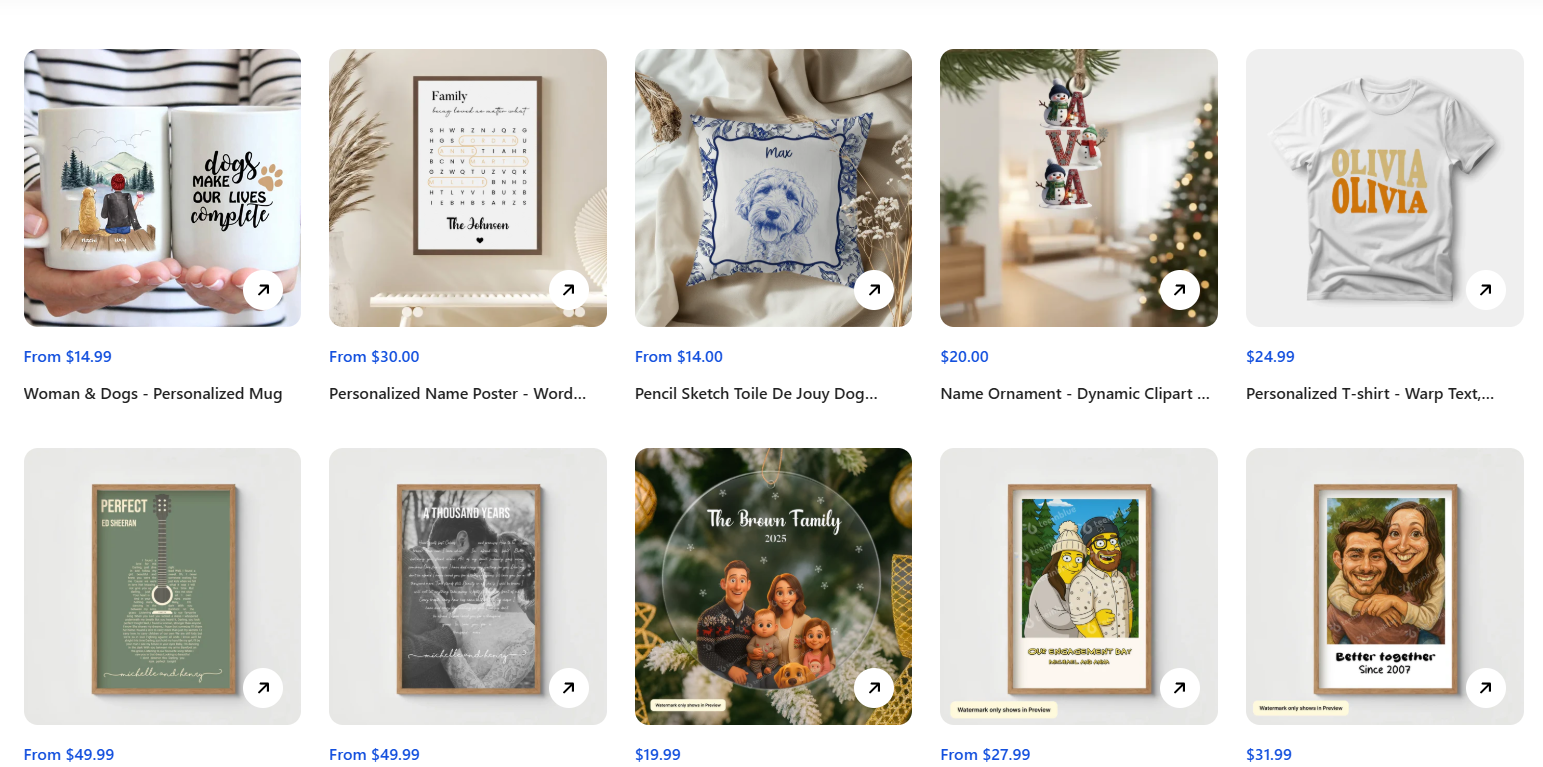 Sản phẩm cá nhân hóa mẫu trên demo store Teeinblue — mug, poster, gối, ornament, áo thun