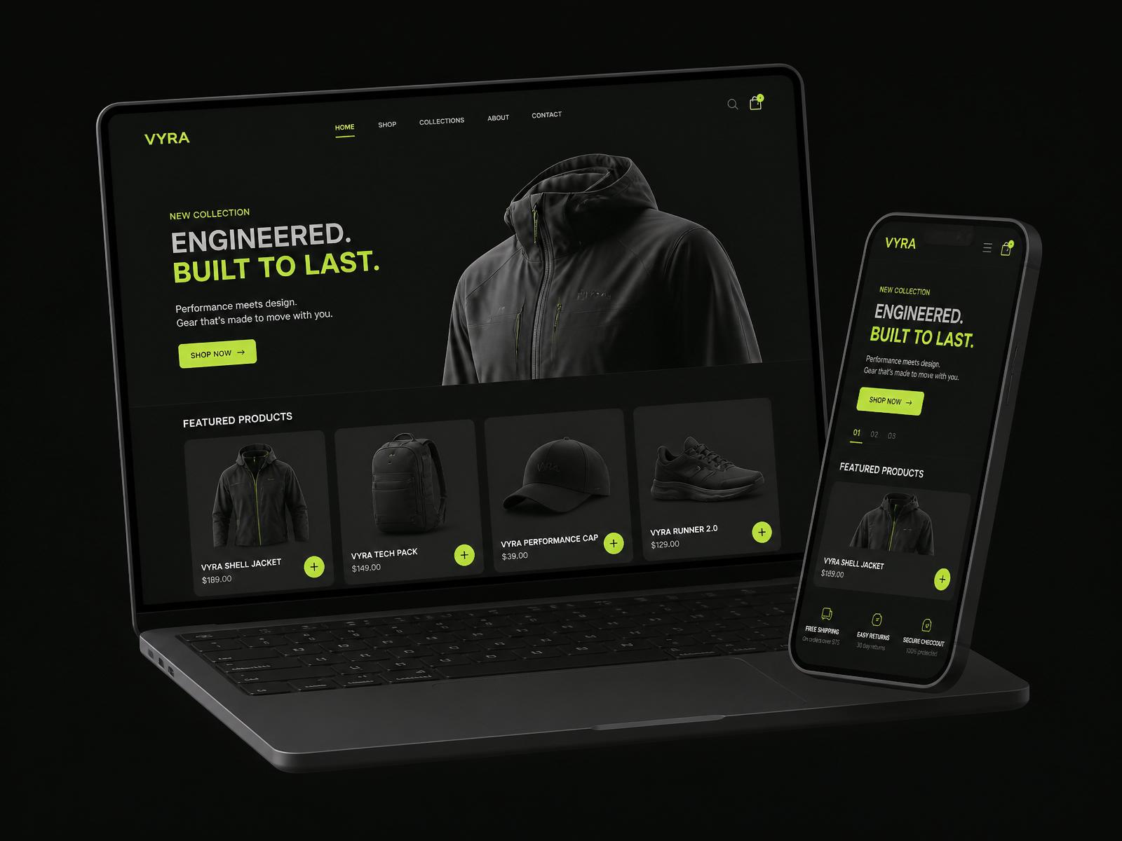 Custom Shopify theme mockup on laptop and mobile — VertexTrue